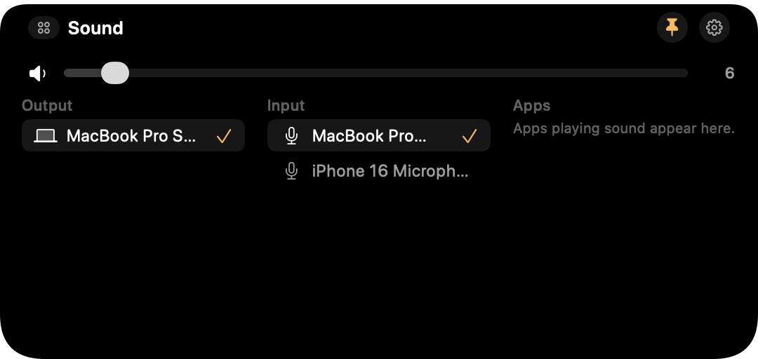 The Sound section with output and input devices and per-app volume